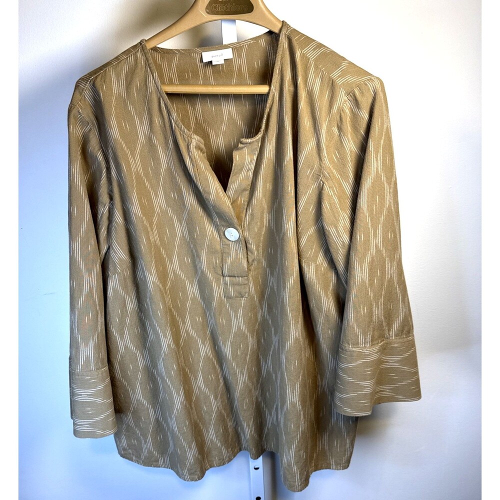 Pure Jill Women’s Ikat Print Top 3/4 Sleeve Cotton Brown Size XL Boxy Lagenlook
